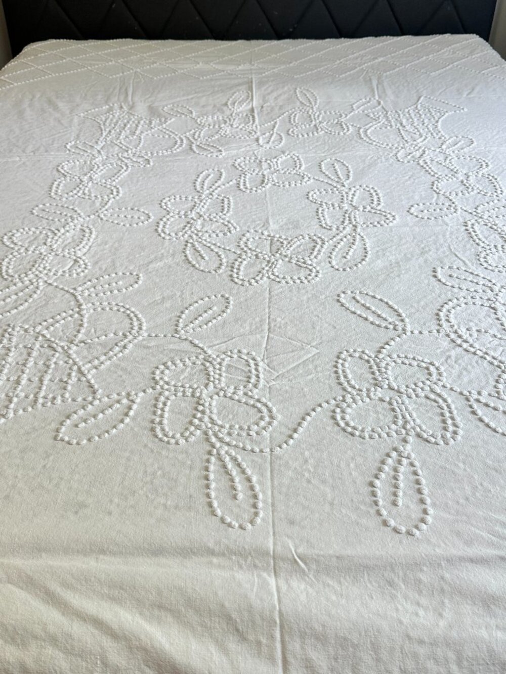 Vintage White Chenille Bedspread 82" x 98" Floral trim & Accents